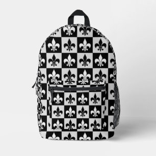 Chequered Black White Fleur-De-Lis Pattern Printed Backpack