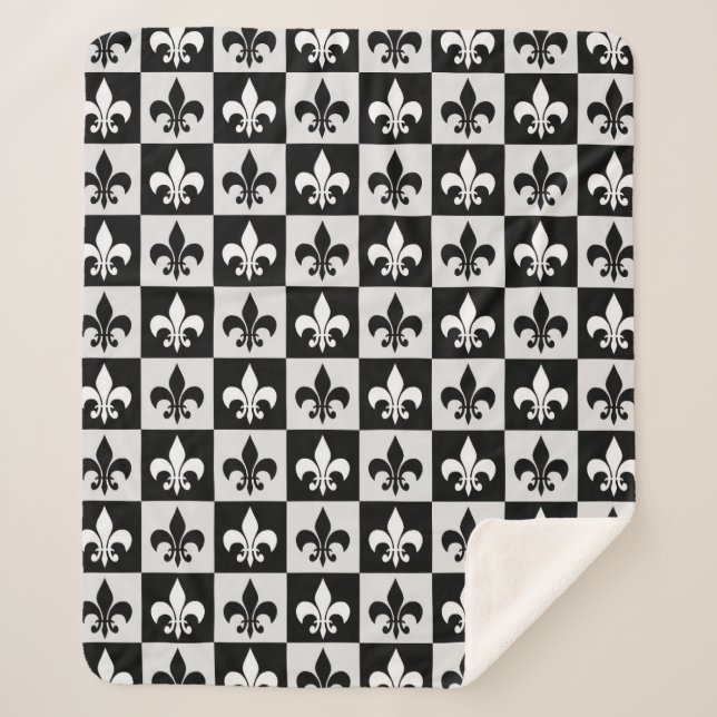 Chequered Black White Fleur-De-Lis Pattern  Sherpa Blanket (Front)