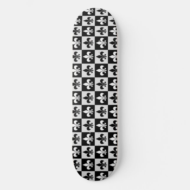 Chequered Black White Fleur-De-Lis Pattern  Skateboard (Front)