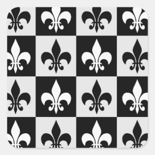 Chequered Black White Fleur-De-Lis Pattern Square Sticker