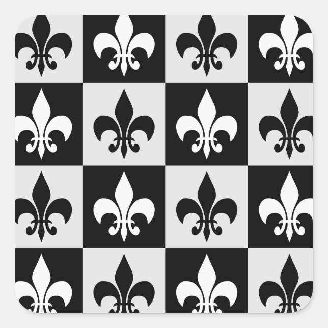 Chequered Black White Fleur-De-Lis Pattern  Square Sticker (Front)