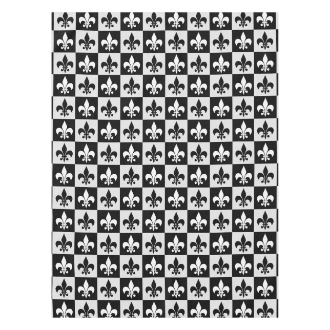 Chequered Black White Fleur-De-Lis Pattern  Tablecloth (Front)