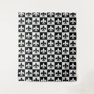 Chequered Black White Fleur-De-Lis Pattern  Tapestry