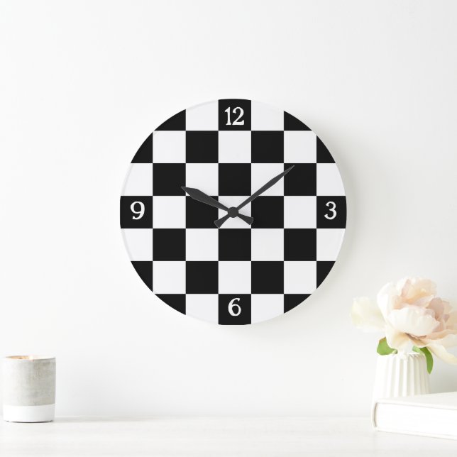 Chequered black white geometric retro w numbers large clock (Home)