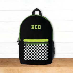 Chequered Black White Green Monogram Initials Kids Printed Backpack