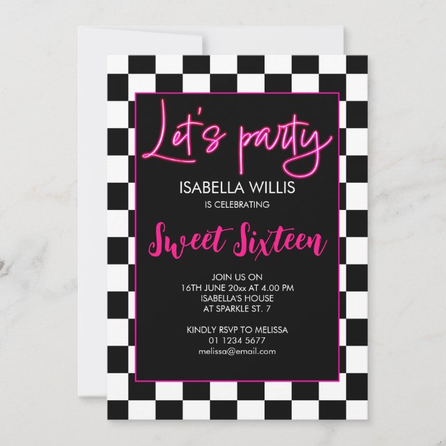 Chequered Black White Lets party Sweet 16 photo Invitation (Front)