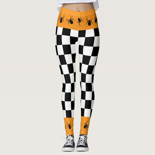 Chequered black white orange Halloween spiders Leggings (Front)