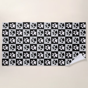 Chequered Black White Paws and Claws Beach Towel
