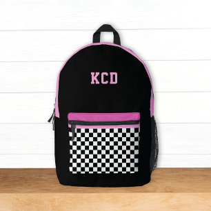Chequered Black White Pink Monogram Initials Kids Printed Backpack