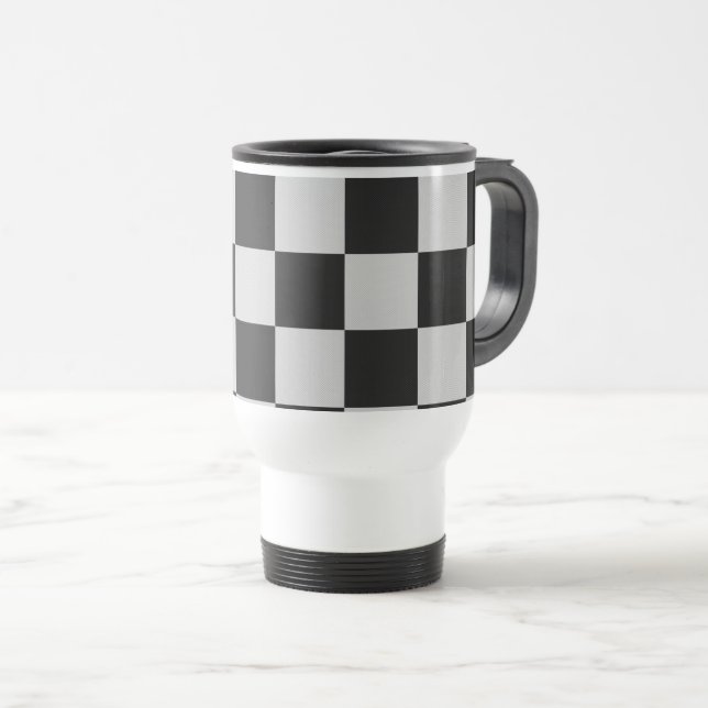 Chequered Black & White Squares or CUSTOM COLOR Travel Mug (Front Right)