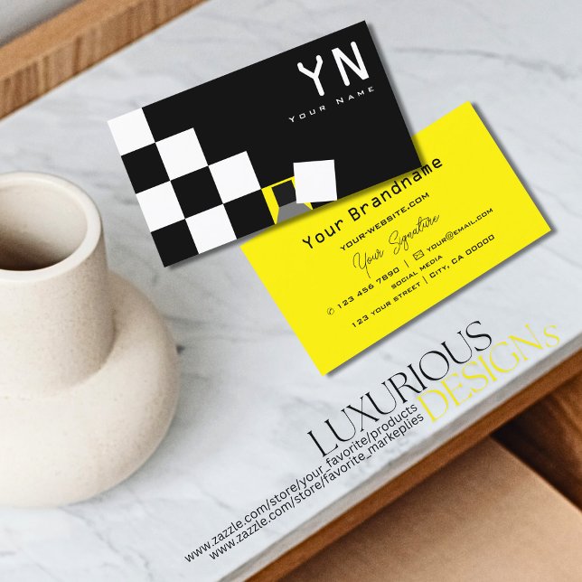 Chequered Black White Yellow with Monogram Modern Business Card (Creator Uploaded)