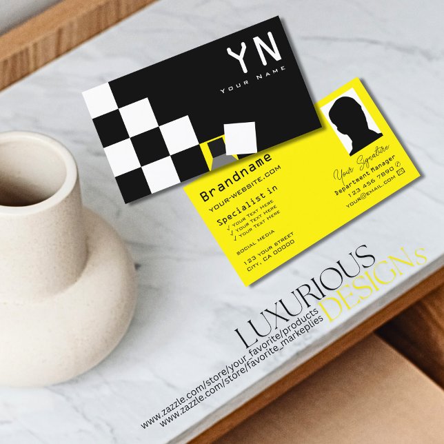 Chequered Black White Yellow with Monogram & Photo Business Card (Creator Uploaded)