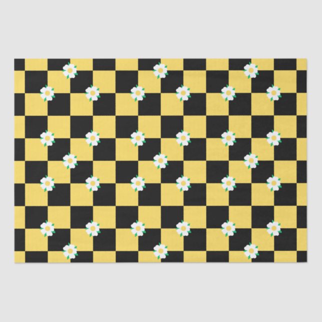 Chequered black yellow white flowers tissue paper (Front)