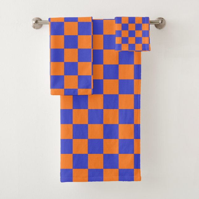 Chequered Blue and Orange Bath Towel Set (Insitu)