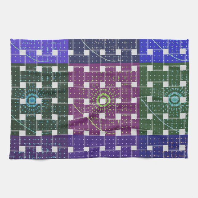 Chequered Blue and Purple Art Print Tea Towel (Horizontal)