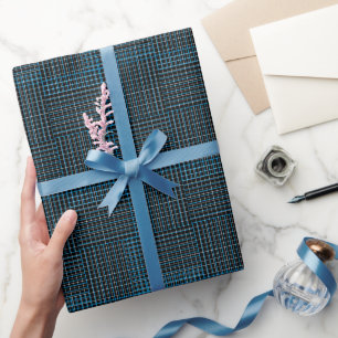 Chequered Blue and white lines Black BG Wrapping Paper