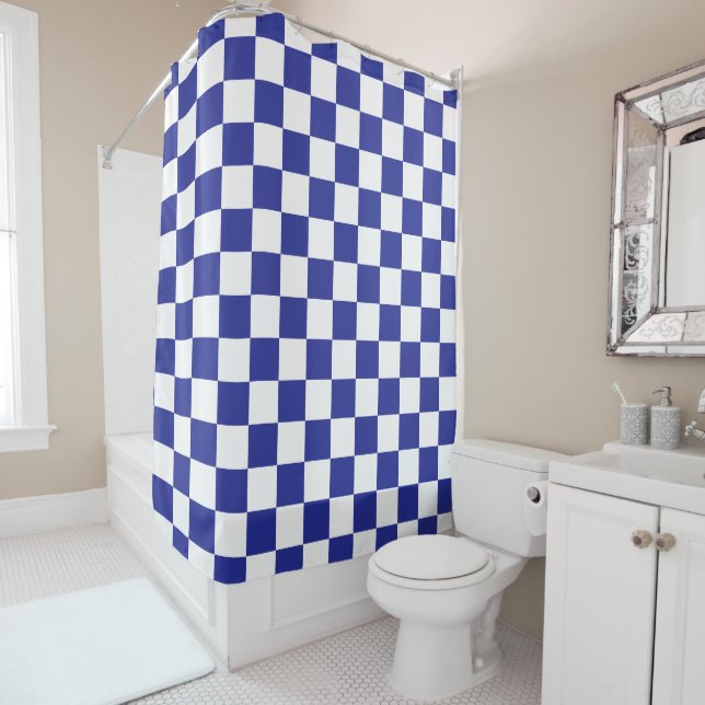 Chequered Blue and White  Shower Curtain (In Situ)