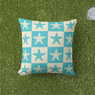 Chequered Blue and White Starfish Pattern Cushion