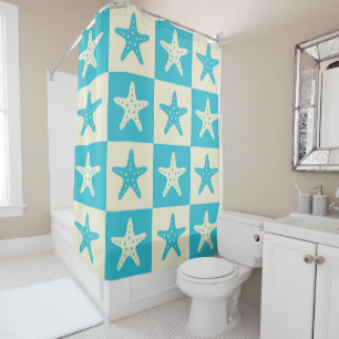 Chequered Blue and White Starfish Pattern  Shower Curtain