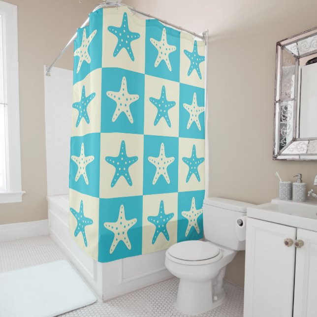 Chequered Blue and White Starfish Pattern  Shower Curtain (In Situ)
