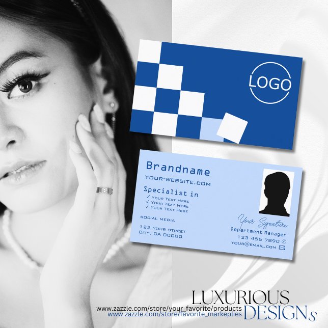 Chequered Blue and White with Logo & Photo Stylish Business Card (Creator Uploaded)