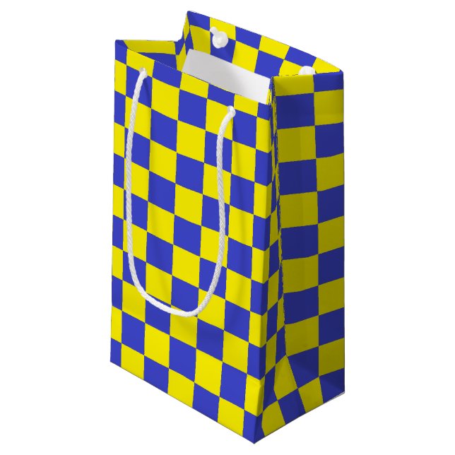 Chequered Blue and Yellow Small Gift Bag (Front Angled)
