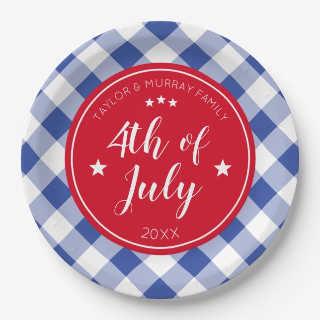 Chequered Blue Gingham 4th of July Family Party Paper Plate (Front)