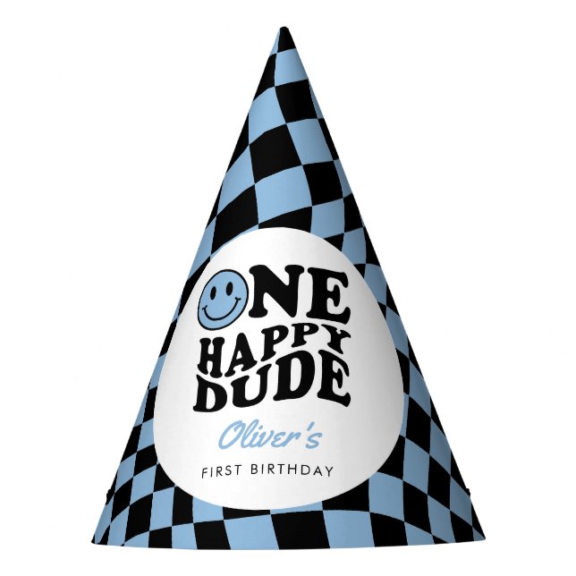 Chequered Blue Happy Smile 1st Birthday Custom Party Hat (Front)