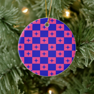 Chequered Blue & Pink Tile With Sparkles Pattern Ceramic Ornament