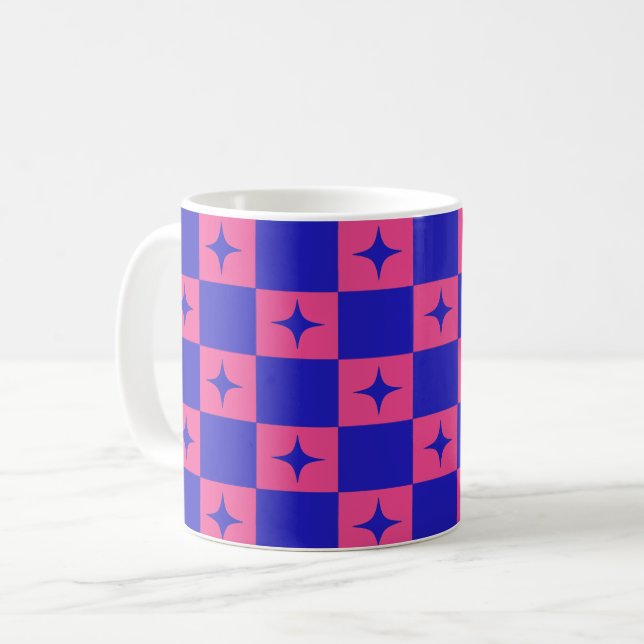 Chequered Blue & Pink Tile With Sparkles Pattern Coffee Mug (Front Left)