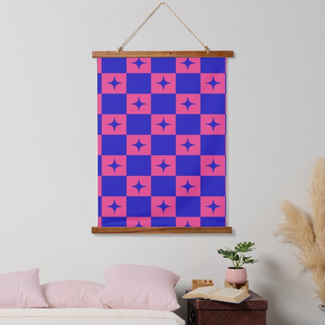 Chequered Blue & Pink Tile With Sparkles Pattern Hanging Tapestry (Bedroom)