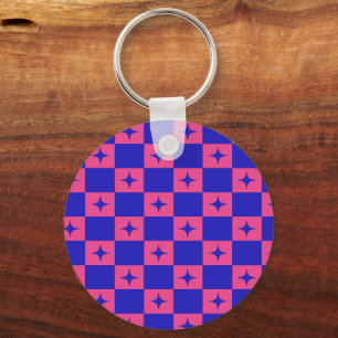 Chequered Blue & Pink Tile With Sparkles Pattern Key Ring