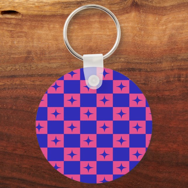 Chequered Blue & Pink Tile With Sparkles Pattern Key Ring (Front)