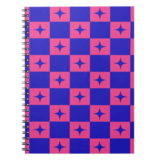 Chequered Blue & Pink Tile With Sparkles Pattern Notebook (Front)