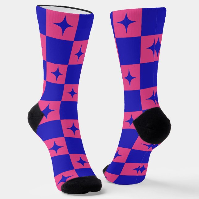 Chequered Blue & Pink Tile With Sparkles Pattern Socks (Angled)