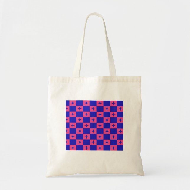 Chequered Blue & Pink Tile With Sparkles Pattern Tote Bag (Front)