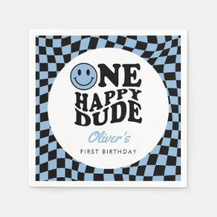 Chequered Blue Preppy Smile 1st Birthday Custom Napkin