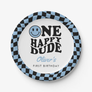 Chequered Blue Smile One Happy Dude 1st Birthday Paper Plate