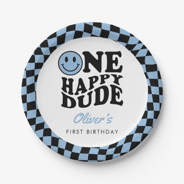 Chequered Blue Smile One Happy Dude 1st Birthday Paper Plate (Front)