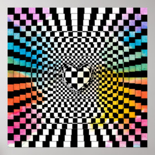 Chequered board op art Rainbow love Poster
