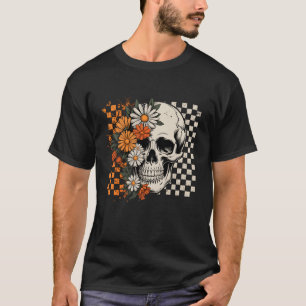 Chequered Boho Floral Skull Halloween Women Spooky T-Shirt