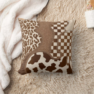 Chequered Brown Wavy Mocha Aesthetic Cow Print Cut Cushion