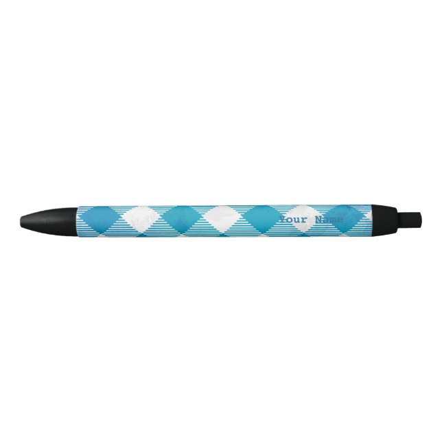 Chequered Buffalo Plaid Blue and White Black Ink Pen (Front)
