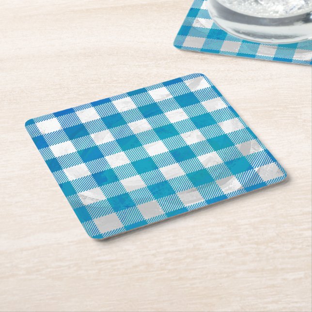 Chequered Buffalo Plaid Blue and White Square Paper Coaster (Angled)