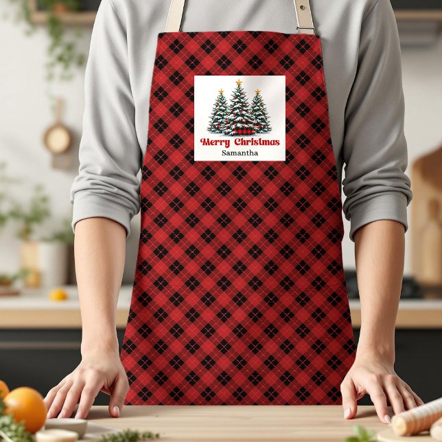 Chequered Buffalo Plaid Trees Personalised Xmas  Apron (Checkered Buffalo Plaid Tree Personalized Xmas Kitchen Apron)