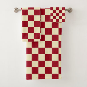 Chequered Burgundy and Cream Bath Towel Set