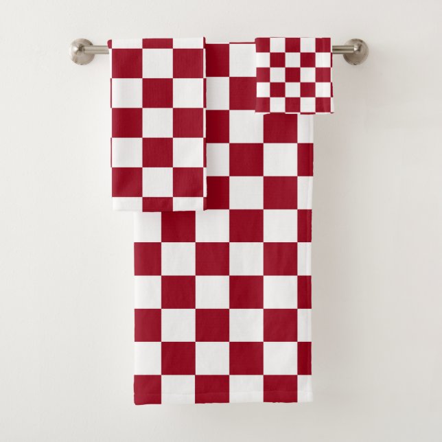 Chequered Burgundy and White Bath Towel Set (Insitu)