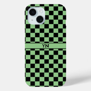 Chequered (chequered) Black & Green Initials Name iPhone 15 Case