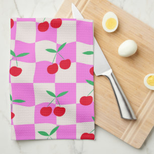 Chequered Cherries on Pink Checkerboards Pattern Tea Towel