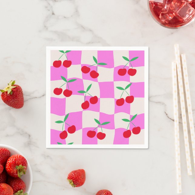 Chequered Cherries on Pink Warped Checkerboards  Napkin (Insitu)